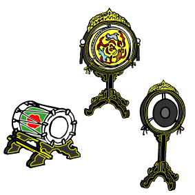 上：太鼓　　右：鉦鼓　　左：鞨鼓